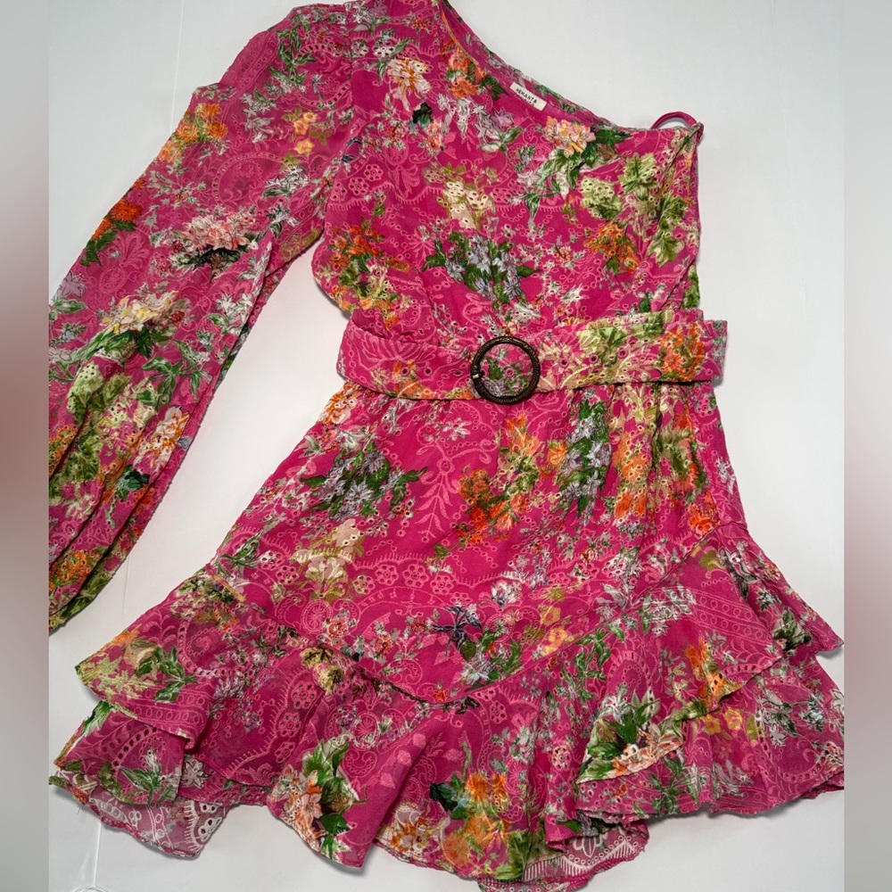 Hemant and Nandita One Shoulder Floral Belted Mini Dress Size Small - Picture 3 of 11